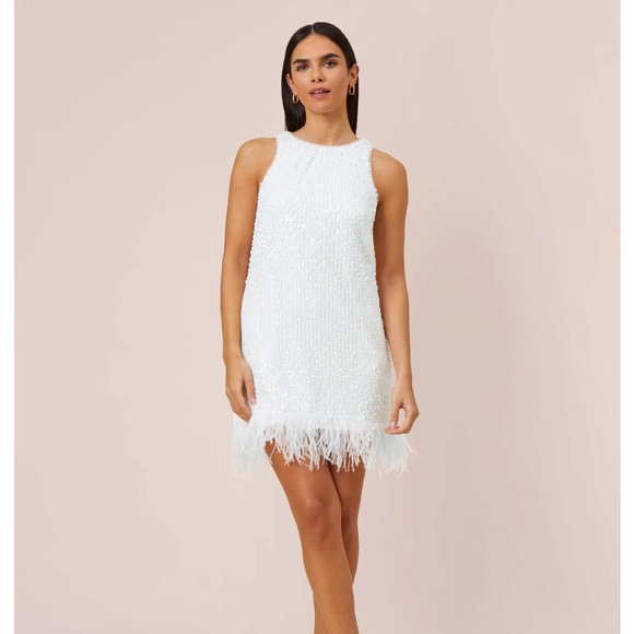 SEQUINED TRAPEZE HALTER DRESS WITH FEATHER TRIM - Picture 1 of 9